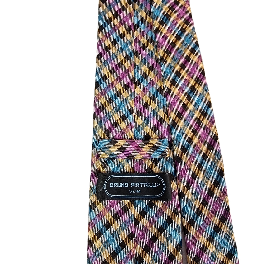Bruno Piattelli Roma Slim Plaid Checkered Milti Colored Spring Vibes Men's Tie - Picture 9 of 13